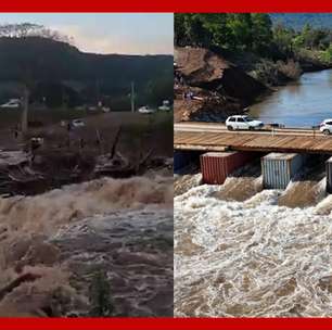 Ponte provisória construída após enchente é arrastada por nova cheia no RS