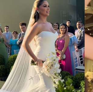 Véu glamouroso e brilho ousado! Camila Ângelo impressiona com dois vestidos luxuosos em novo casamento com Hulk; veja fotos