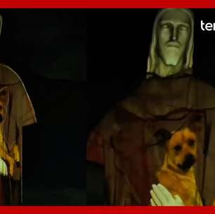 Cristo Redentor 'abraça' e 'carrega' cachorro caramelo em projeção por adoção responsável