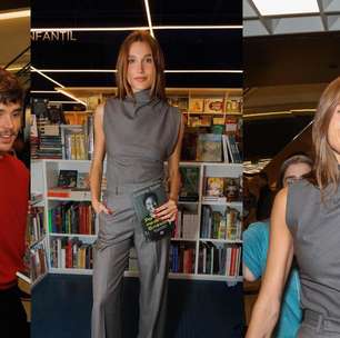 Sasha Meneghel prova o poder da alfaiataria monocromática em look cinza no lançamento de livro do pai, Luciano Szafir