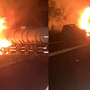 Caminhão-tanque pega fogo após colisão com carro e interdita a rodovia Rio-Santos; uma pessoa morreu