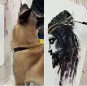 Cão com "habilidades artísticas" produz quadro de Jesus Cristo e viraliza
