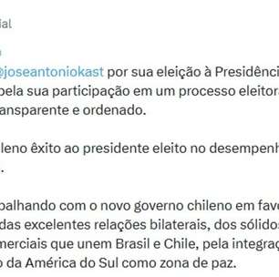 Lula parabeniza Kast por vitória no Chile: 'Seguiremos trabalhando com o novo governo'