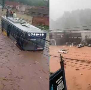 Vídeo mostra passageiros em teto de ônibus após temporal alagar via e deixar veículo ilhado em SP