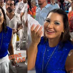 Janja 'ignora' chuva e cai no samba em ensaio técnico da Acadêmicos de Niterói na Sapucaí