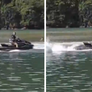 Homem derruba companheira de moto aquática e a ameaça com manobras no litoral de SP