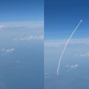 Passageira filma lançamento do foguete Artemis II da janela de avião