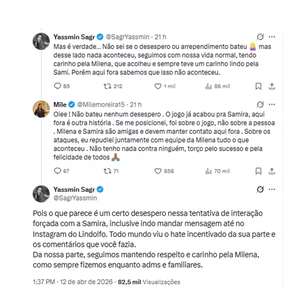 BBB26: Irmãs de Samira e Milena entram em conflito nas redes: 'Todo mundo viu o hate'