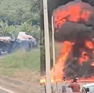 Veja o momento em que carreta tomba e causa incêndio de grandes proporções no ES