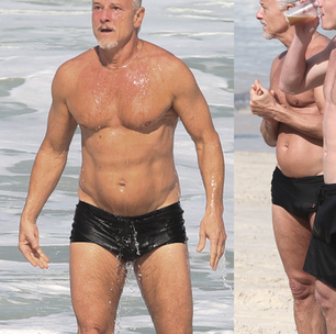 Genética boa! Aos 63 anos, Marcello Novaes exibe abdômen definido de sunga cavada em praia com o filho Pedro Novaes; fotos