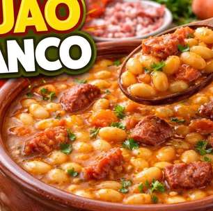 Feijão branco, que fica com o caldo grosso e leva ingredientes saborosos, uma verdadeira delícia
