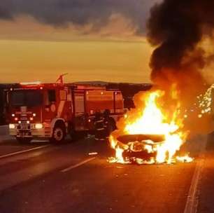Carro de zagueiro da base do Grêmio pega fogo após colisão na BR-290
