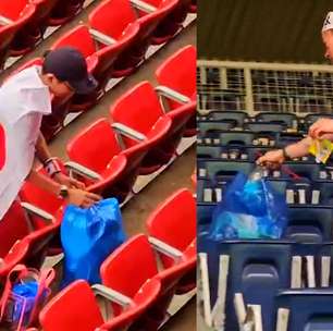 Torcedores japoneses recolhem lixo no estádio após derrota para o Brasil em Houston