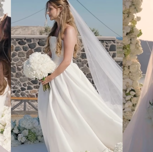 Vestido de noiva princesa tomara que caia, véu longo e buquê branco: Isabella Rousso se casa com Gabriel Martinelli em cerimônia intimista para 40 convidados em Santorini; fotos