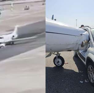 Carro invade pista e bate em jato particular no aeroporto de Milão; veja