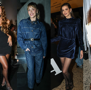 All-jeans, veludo azul-petróleo e alfaiataria P&amp;B: Carolina Dieckmmann, Camila Queiroz e mais famosas brilham em looks elegantes para evento em SP; veja 14 fotos