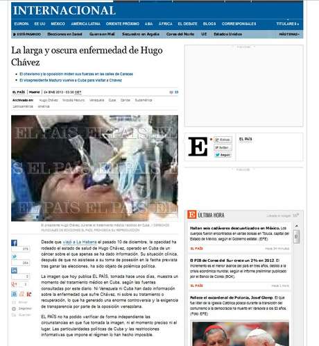 Diarios Sin embargo, la decisión de publicar la foto vino porque "las particularidades políticas de Cuba y las restricciones informativas que impone el régimen lo han hecho imposible (corroborar la información)", según el rotativo. En Venezuela, Twitter se llenó inmediatamente de mensajes sobre la foto y muchos usuarios coincidieron en que la imagen era falsa luego de linkear un vídeo colgado en Youtube a principios de enero en el que se ve el mismo protagonista de la foto de El País, con una apariencia parecida a la del presidente venezolano.