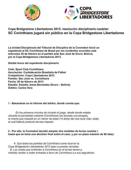 Conmebol divulgou documento com "medida cautelar" após tragédia <p>Conmebol divulgou documento com "medida cautelar" após tragédia</p>