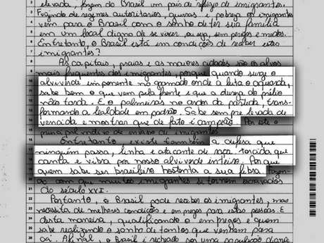 No texto sobre a imigração no Brasil, estudante aproveitou para citar o hino do seu time do coração No texto sobre a imigração no Brasil, estudante aproveitou para citar o hino do seu time do coração