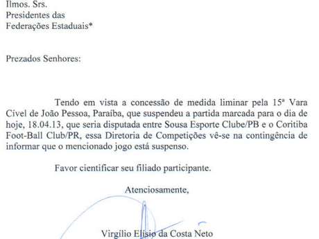 Reprodução mostra comunicado oficial da CBF que confirma a suspensão do jogo <p>Reprodução mostra comunicado oficial da CBF que confirma a suspensão do jogo</p>