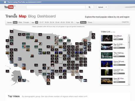 Mapa de tendências do YouTube, Trends Map é baseado em visualizações e compartilhamentos Mapa de tendências do YouTube, Trends Map é baseado em visualizações e compartilhamentos