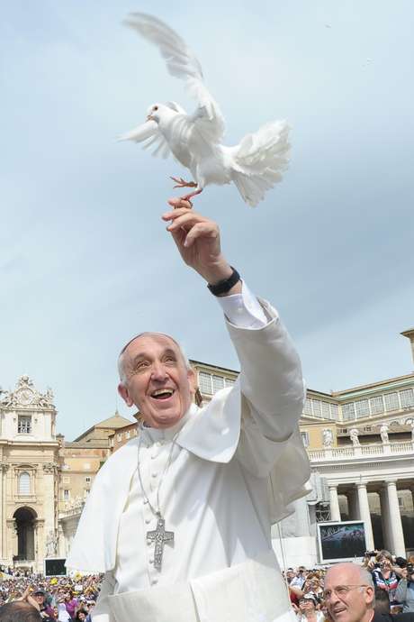 AFP El Papa argentino genera una atracción especial con los fieles. Pero hoy se supo que no sólo tiene fieles humanos. En la tradicional audiencia pública de los miércoles, tras besar decenas de niños, desde el público le acercaron una jaula con dos palomas blancas para que eche a volar al aire. El problema es que una de las aves se quedó en la mano de Francisco, generando la risa de los que lo rodeaban y del mismo Papa, que tras varios movimientos logró que la paloma se despegue de su lado. ¡El Sumo pontífice latino es furor hasta entre los animales!