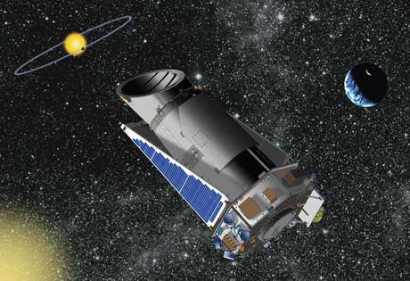 Projeção artística mostra o telescópio espacial Kepler Projeção artística mostra o telescópio espacial Kepler