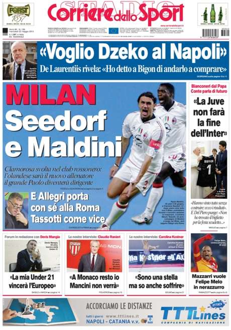 Capa do jornal Corriere dello Sport aponta que Seedorf será o próximo técnico do Milan; agente do jogador não confirma Capa do jornal Corriere dello Sport aponta que Seedorf será o próximo técnico do Milan; agente do jogador não confirma