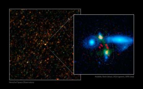 O trabalho conjunto de diversos telescópios revelou uma rara e massiva fusão entre duas galáxias que ocorreu quando o Universo existia havia 3 bilhões de anos O trabalho conjunto de diversos telescópios revelou uma rara e massiva fusão entre duas galáxias que ocorreu quando o Universo existia havia 3 bilhões de anos