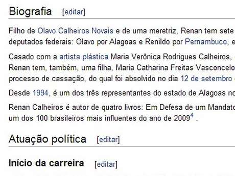 Wikipédia / Reprodução Biografia foi alterada na manhã desta sexta-feira, com a inclusão de ofensa à mãe de Renan