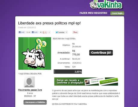 Movimento Passe Livre criou vaquinha na web para arrecadar dinheiro para fianças Movimento Passe Livre criou vaquinha na web para arrecadar dinheiro para fianças