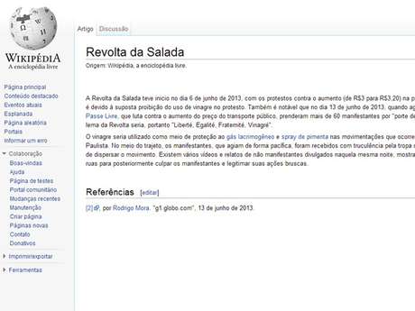 Site Wikipédia ganhou uma página sobre a 'Revolta da Salada', em referência aos protestos contra o aumento das tarifas em São Paulo <p>Site Wikipédia ganhou uma página sobre a 'Revolta da Salada', em referência aos protestos contra o aumento das tarifas em São Paulo</p>