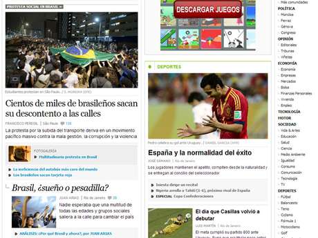 Capa da versão online do jornal espanhol 'El País' deu grande destaque para protestos no Brasil Capa da versão online do jornal espanhol 'El País' deu grande destaque para protestos no Brasil