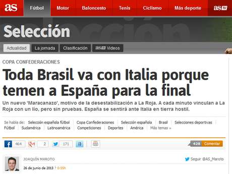 Imprensa espanhola adotou tese conspiratória: Brasil tem medo de final contra a Espanha <p>Imprensa espanhola adotou tese conspiratória: Brasil tem medo de final contra a Espanha</p>