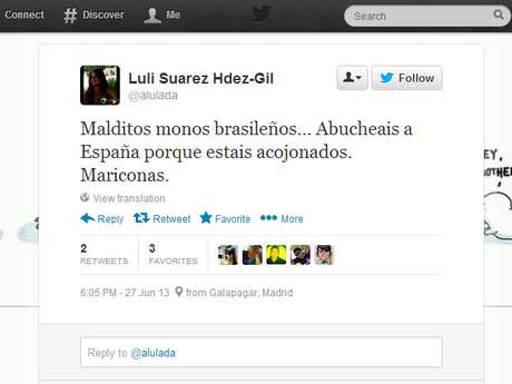 "Malditos macacos brasileiros, vaiam a Espanha porque estão aterrorizados", escreveu uma torcedora espanhola <p>"Malditos macacos brasileiros, vaiam a Espanha porque estão aterrorizados", escreveu uma torcedora espanhola</p>