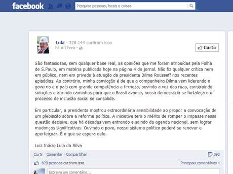 Lula usou a sua página no Facebook para negar que tenha criticado Dilma Lula usou a sua página no Facebook para negar que tenha criticado Dilma