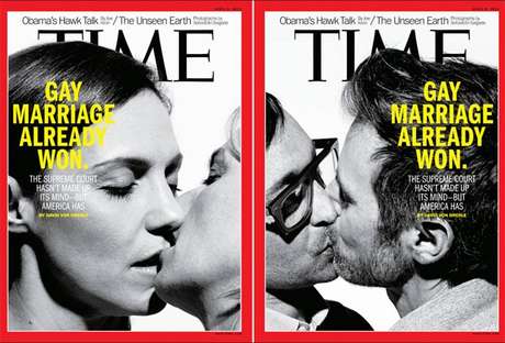 Em março, a revista Time publicou capas com beijos entre pessoas do mesmo sexo em apoio ao casamento gay nos EUA <p>Em março, a revista Time publicou capas com beijos entre pessoas do mesmo sexo em apoio ao casamento gay nos EUA</p>