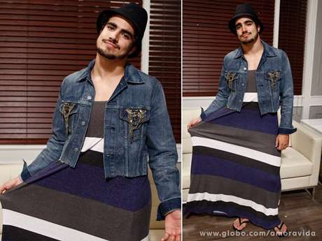 Caio Castro gravou cenas usando um vestido longo Caio Castro gravou cenas usando um vestido longo