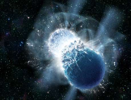 Concepção artística mostra a colisão das estrelas de nêutrons Concepção artística mostra a colisão das estrelas de nêutrons