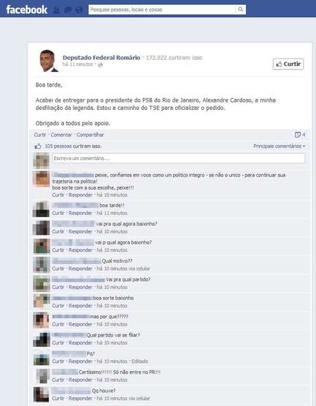 O deputado federal Romário anunciou pelo Facebook sua saída do PSB O deputado federal Romário anunciou pelo Facebook sua saída do PSB