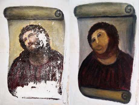 Montagem mostra a obra original e a versão restaurada por Gimenez (dir.) Montagem mostra a obra original e a versão restaurada por Gimenez (dir.)