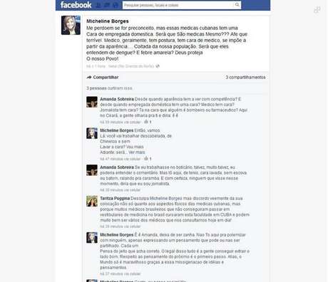 No Facebook, jornalista disse que médicas cubanas pareciam empregadas domésticas No Facebook, jornalista disse que médicas cubanas pareciam empregadas domésticas
