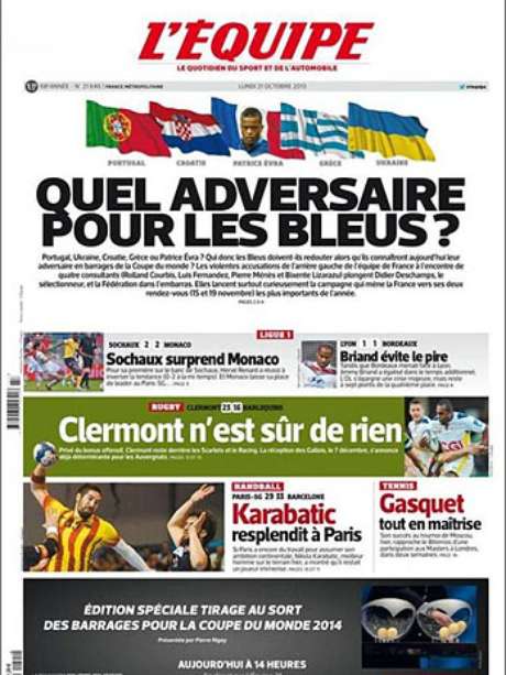 Evra estampa a capa do jornal L'Equipe desta segunda-feira, com a manchete referente à repescagem da Europa para a Copa do Mundo de 2014; mais tarde, sorteio apontou confronto com a Ucrânia <p>Evra estampa a capa do jornal L'Equipe desta segunda-feira, com a manchete referente à repescagem da Europa para a Copa do Mundo de 2014; mais tarde, sorteio apontou confronto com a Ucrânia</p>