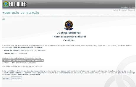 Certidão do TSE confirma filiação ao PMDB a tempo de lançar candidatura para as eleições de 2014 Certidão do TSE confirma filiação ao PMDB a tempo de lançar candidatura para as eleições de 2014