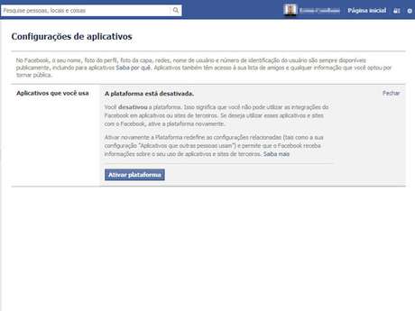 Com a plataforma de aplicativos do Facebook desativada, o usuário não pode acessar nenhum app ou site que use as credenciais do Facebook como identificação. Além disso, uma vez desativada a plataforma, todas as informações de aplicativos são excluídas. Caso o usuário se arrependa, terá que se cadastrar novamente em todos os serviços <p>Com a plataforma de aplicativos do Facebook desativada, o usuário não pode acessar nenhum app ou site que use as credenciais do Facebook como identificação. Além disso, uma vez desativada a plataforma, todas as informações de aplicativos são excluídas. Caso o usuário se arrependa, terá que se cadastrar novamente em todos os serviços</p>
