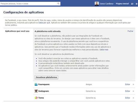 A única forma de escapar de ter suas informações públicas - nome de perfil, foto de perfil e lista de amigos - compartilhadas por amigos que usam aplicativos é desabilitando a plataforma de aplicativos do Facebook A única forma de escapar de ter suas informações públicas - nome de perfil, foto de perfil e lista de amigos - compartilhadas por amigos que usam aplicativos é desabilitando a plataforma de aplicativos do Facebook