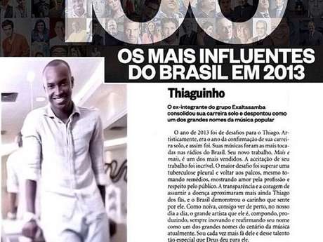 Reprodução/Instagram <p>O cantor postou em seu Instagram a matéria da lista feita pela revista 'Época'</p>