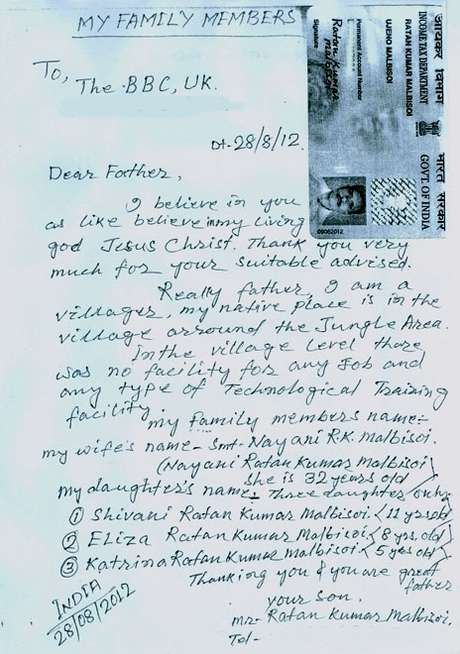 Carta enviada por Malbisoi à BBC Carta enviada por Malbisoi à BBC