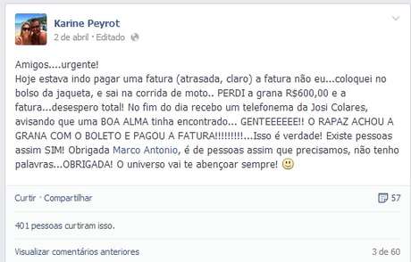 Karine postou uma mensagem de agradecimento a Marco Antonio no Facebook Karine postou uma mensagem de agradecimento a Marco Antonio no Facebook