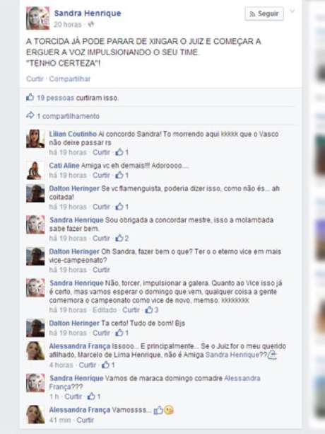 Mulher de árbitro carioca criticou Vasco no Facebook Mulher de árbitro carioca criticou Vasco no Facebook